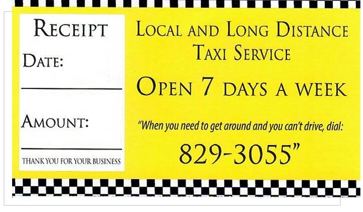 A taxi ticket with the words " local and long distance taxi service ".